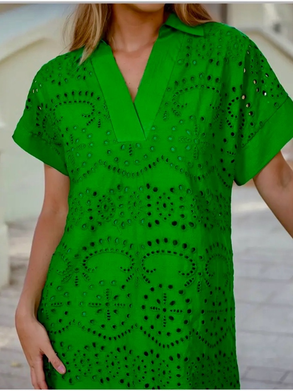 Eyelet V-Neck Short Sleeve Top - Green NWT